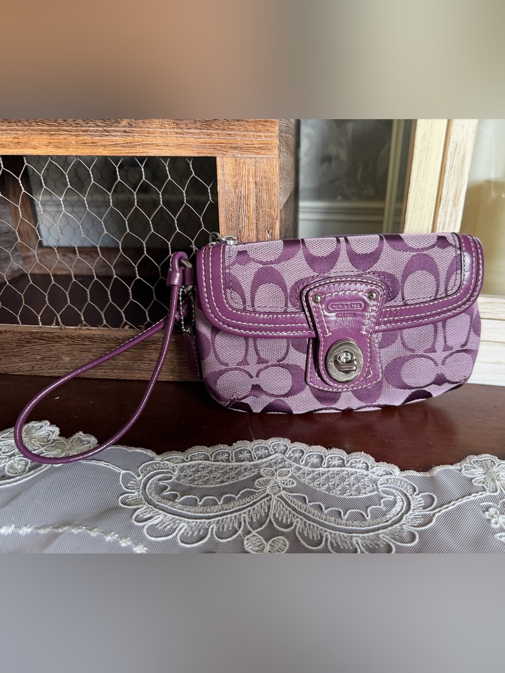 Y2K Coach Purple Signature Canvas Turnlock Wristlet